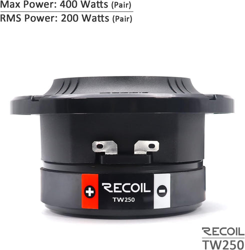 RECOIL TW250 High Compression Car Bullet Super Tweeters, 1-Inch Voice Coil, 400 Watts Max, Pair