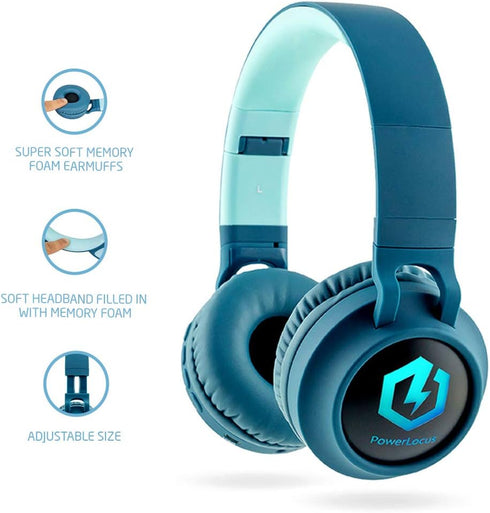 PowerLocus Bluetooth Headphones for Kids, Wireless Over Ear, LED, Foldable Headset with Mic, Volume Limited, Tablets,