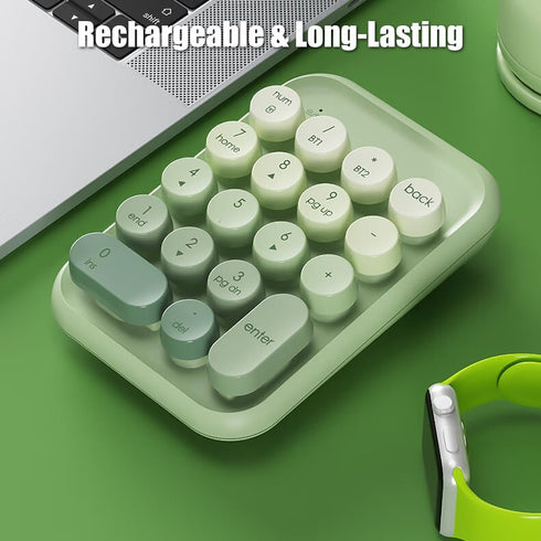 Typewriter Style Number Keypad, Wireless 2.4G/Bluetooth/USB-C Rechargeable Numeric Pad, 18-Key NKRO Retro Round Keycaps