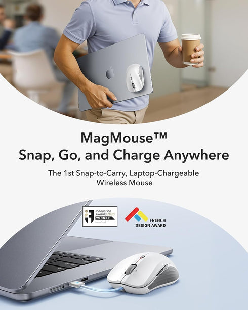 ESR 5.0 2.4 MagMouse Snap-to-Carry Bluetooth Mouse, Rechargeable Wireless Mouse for Laptop with Built-in Charging