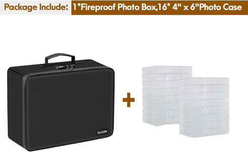 Photo Storage Box with Lock - DocSafe Fireproof Organizer with 16 Inner Photo Cases, Collapsible Portable Filing Safe