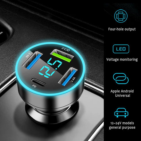 4 Ports Fast Car Charger, PD+QC3.0 Adapter with Upgrade Voltmeter Display for 12-24V Cigarette Lighter Plug