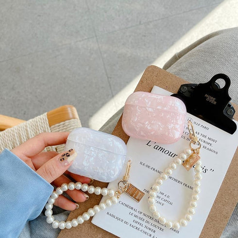 Olytop Cute Glitter Airpods Pro 2nd/1st Generation Case with Cleaner Pen, Shell Pattern Cover with Luxury Pearl Keychain