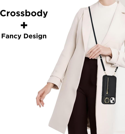 uCOLOR iPhone 13/14/15 Wallet Case for Women, Black Crossbody Zipper Leather Case with Card Holders and RFID Protection