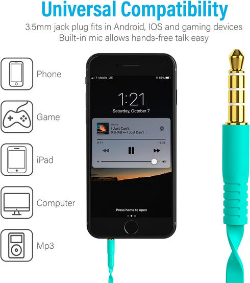 Teal Wired Earbuds with Microphone, HiFi Stereo In-Ear Headphones, 3.5mm for iPhone, Android, MP3, Laptop - Powerful
