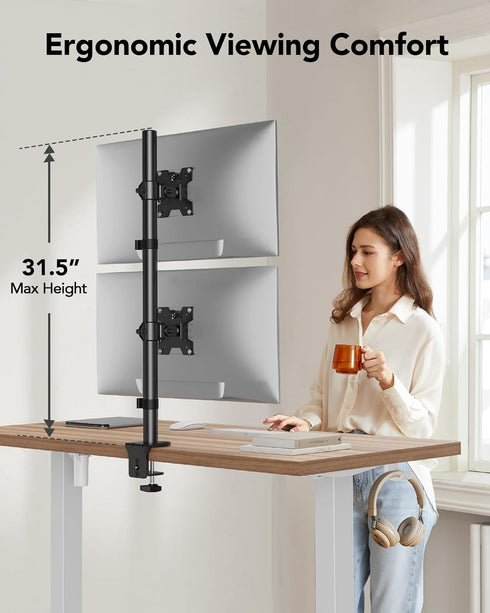 HUANUO Vertical Dual Monitor Mount, Stacked Monitor Stand for 2 Monitors with Height Adjustment