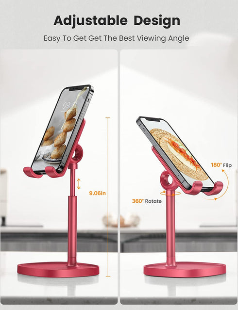LISEN Cell Phone Stand, Angle Height Adjustable Stable Holder for Desk, Sturdy Aluminum Metal Phone Holder - Red