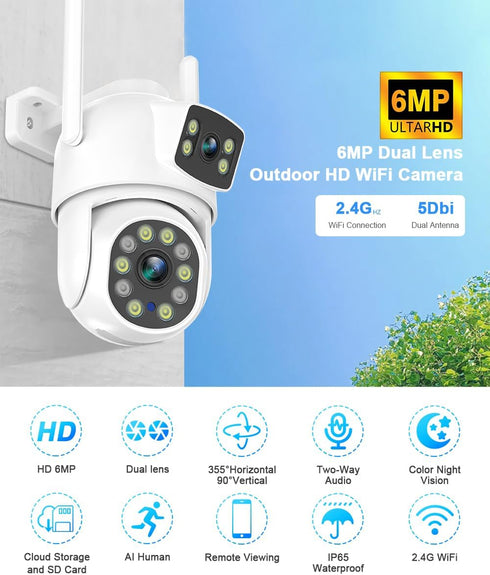 EVERSECU 6MP WiFi PTZ Security Camera Outdoor, Dual Lens, 360° View, Auto Tracking, Color Night Vision, 2-Way Audio