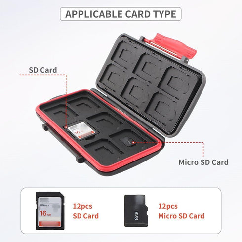 Memory Card Case, Water-Resistant Anti-Shock Holder for 12 SD SDXC SDHC + 12 Micro SD MSD TF Cards Storage Organizer