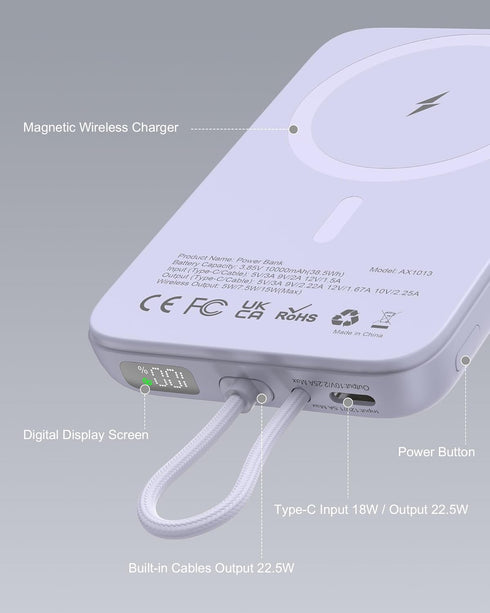 AsperX 10000mAh Pack 17/16/15/14/13/12 Magnetic Power Bank, Magnetic Portable Charger with USB-C Cable and Smart LCD