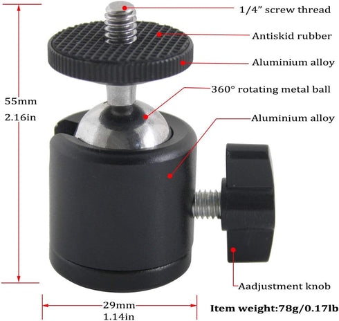 EXMAX 360 Degree Aluminum Alloy Body Rotating Swivel Mini Tripod Ball Head with 1/4" Screw Thread Base Mount for Lighter DSLR Camera Camcorder LED Light Bracket Hiking HTC Vive (Black)