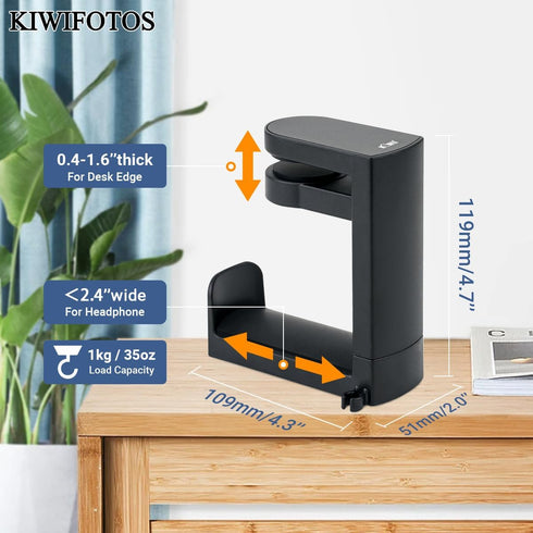 KIWIFOTOS Headphone Stand Holder Under Desk, PC Gaming Headset Hook with 360 Adjustable Rotating Arm Clamp & Cable Clip