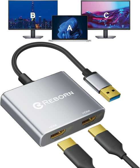 Reborn USB to HDMI Adapter, 1080P@60Hz USB 3.0 Male to Dual HDMI Female