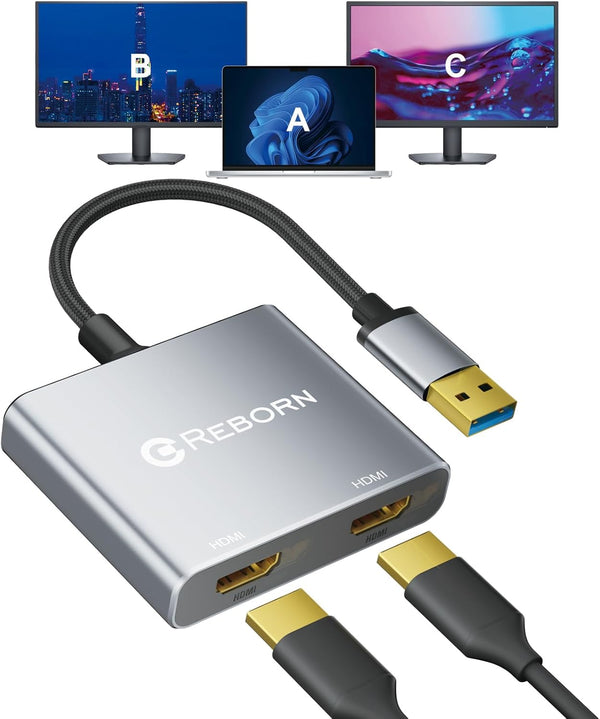 Reborn USB to HDMI Adapter, 1080P@60Hz USB 3.0 Male to Dual HDMI Female