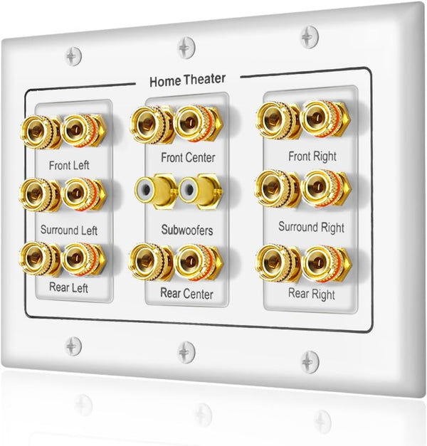 16 Banana Post and 2 RCA Speaker Wall Plate for Home Theater Audio, Compatible with 5 6 7.1/7.2 or 8.1/8.2 Subwoofers
