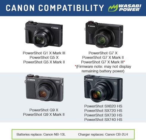 Wasabi Power NB-13L Battery (2-Pack) and Charger for Canon PowerShot G1 X, G5 X, G7 X, SX620 HS, SX740 HS