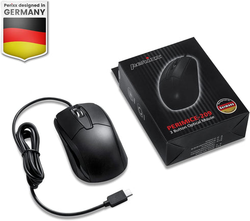 Perixx PERIMICE-209C USB Type C Wired Optical Mouse - 5.9 Ft Cable - 1000 DPI - Black