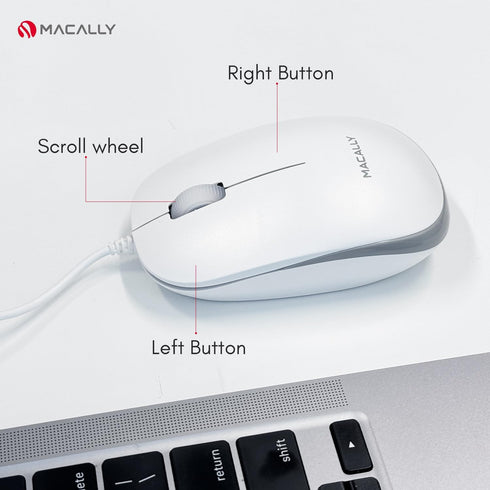 Macally USB Wired Mouse for Mac & Windows - 3 Button Corded Computer Mouse with Scroll Wheel