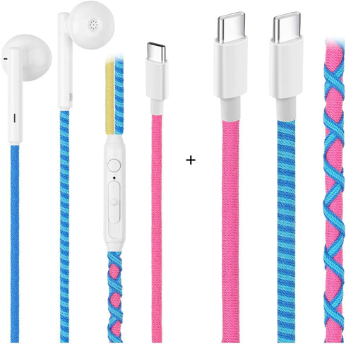 URIZONS 2-Pack Braided USB C Earphones with Mic + USB C to USB C PD Charging Cables, Colorful Earbuds