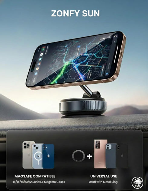 Zonfy Sun 360 17 16 15 14 13 12 Foldable Magnetic Car Phone Mount with Suction Cup Rotatable MagSafe-Compatible Holder