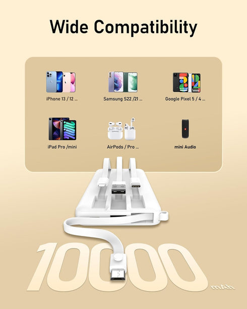 VEEKTOMX Portable Charger with Built-in Cables, 10000mAh Power Bank for iPhone, Slim Fast Charge USB C Battery Pack,