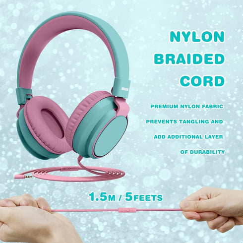 Volume Limited 85/96dB Kids Headphone Over-Ear/On-Ear Foldable Sound Noise Protection Headset with Mic (Cyan)