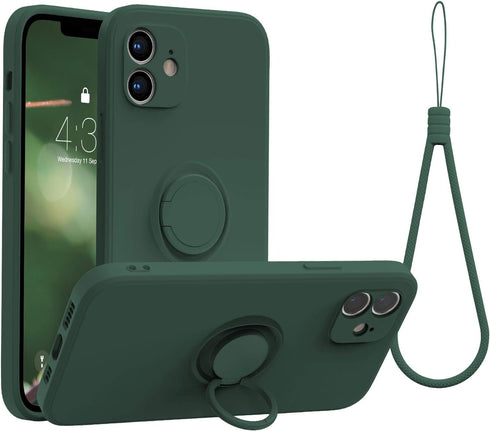 ABITKU iPhone 12 Case Compatible, Silicone with 360° Ring Kickstand Holder (Army Green) Soft Microfiber Cloth 6.1 inch