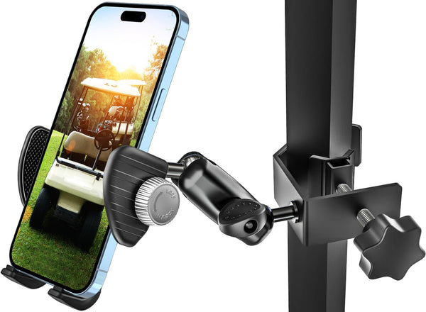 woleyi Golf Cart Phone Holder, 360° Adjustable Phone Mount with Wider Clamp for EZGO/Club Car/Yamaha Accessories