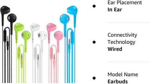 Pack of 5 Wired Earbuds Headphones with Microphone, Noise Isolating, Heavy Bass Stereo, Compatible with Android & More.