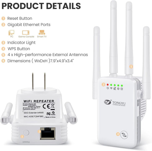 tongyu 5000 35 3-in-1 300Mbps WiFi Repeater Signal Booster for Home and Outdoor,WiFi Extender Full Coverage Range sq.ft