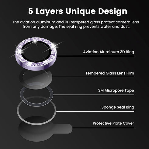 Tensea Camera Lens Protector for iPhone 14 Pro/Pro Max, 9H Tempered Glass, Metal Ring, 6.1" & 6.7" Models.