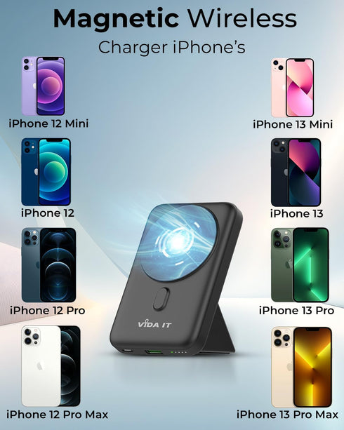 Vida IT 10000mAh Fast Wireless Portable Charger, Magnetic Power Bank for iPhone 15/14/13 Pro Max, Samsung Cell Phone,