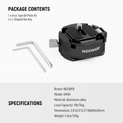 Neewer GM34 Camera Quick Release Plate Kit, Auto Lock Square QR Mount Plate with Arca Type Clamp Base