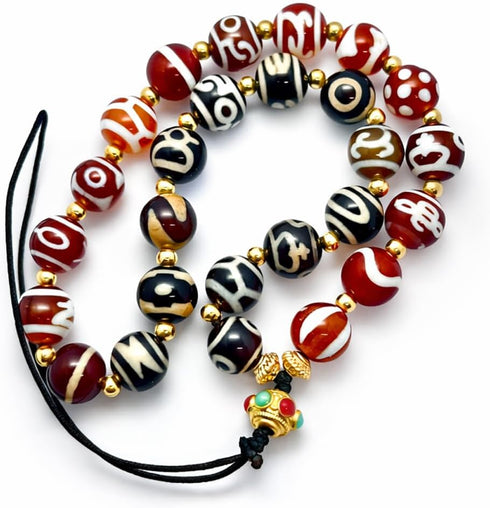Generic Hand-Woven Agate Bead Lanyard, 26 Natural Agate Beads with Auspicious Carved Patterns,