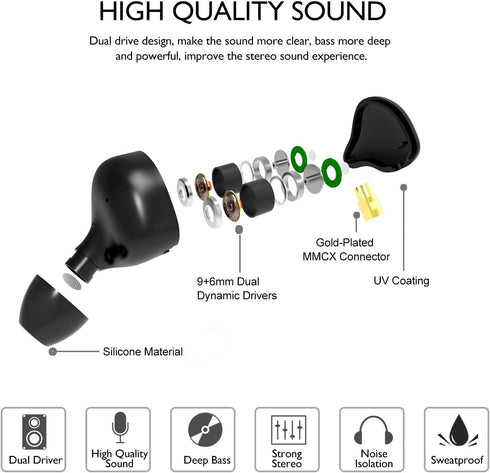 HiFi Stereo IEM Earphones - Dynamic Dual Driver Wired Earbuds, Noise Canceling, Detachable Cable for Musicians (Black)