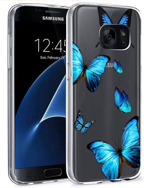 Clear Case Compatible with Galaxy S7 - Cute Soft TPU Shockproof Protective Phone Case Cover, Blue Butterfly