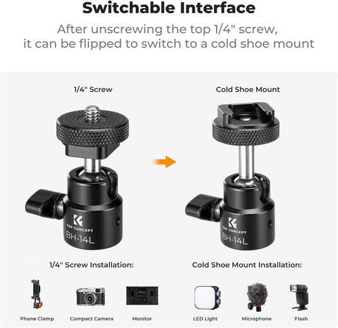 K&F Concept Super Clamp Camera Clamp with 360° Ballhead for GoPro/AKASO/Insta360 Action Cameras