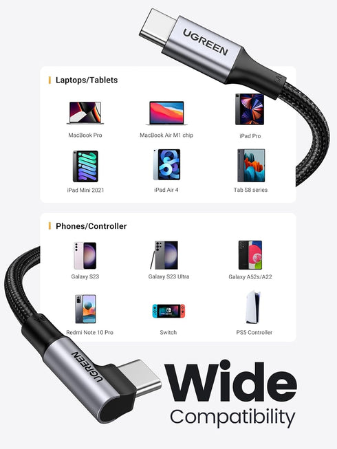 UGREEN 10FT Right Angle USB C to USB C Cable, 100W Fast Charging for iPhone 15, MacBook Pro 2022, Samsung Galaxy