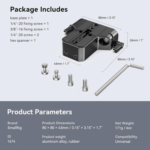 SmallRig Camera Base Plate with 15mm LWS Rod Rail Clamp for Sony A6500, A6600, A6300, Canon R5, R6 - 1674