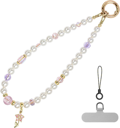 pcgaga Pearl Beaded Phone Charm, Phone Wrist Strap, Handmade Bracelet Straps, Anti-Lost