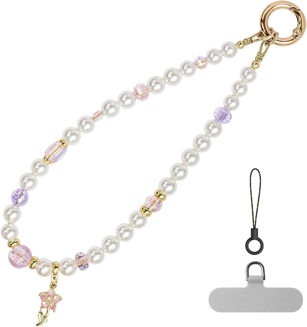 pcgaga Pearl Beaded Phone Charm, Phone Wrist Strap, Handmade Bracelet Straps, Anti-Lost
