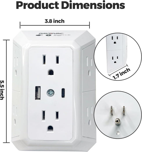 Rayovac Surge Protector with Night Light, 6 Outlets & 2 USB Ports A and USB C, ETL Certified Adapter for Home, School,