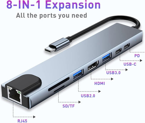 USB C HUB - 8 in 1 USB C Adapter with 4K HDMI, 100W PD, USB 3.0, RJ45 Ethernet, SD/TF Card Reader