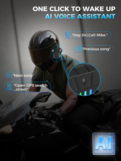 Motorcycle Helmet Headset, Moman H4Plus Single Use Snowmobile Motorbike Helmet Wireless Headphone with AI voice Assistant Waterproof IPX6 Noise Cancellation, Motorcycle-Helmet-Wireless-Headset-Speaker