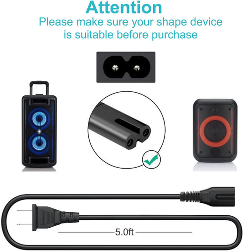 2 Prong AC Power Cord Fit for ONN. 100008734 100008736 Large Medium Party Speaker,ONN. 2.0 2.1 32" 36" 42" Roku Smart Soundbar Speakers, TCL Roku/Samsung TV Replacement Charger Charging Cable Cord
