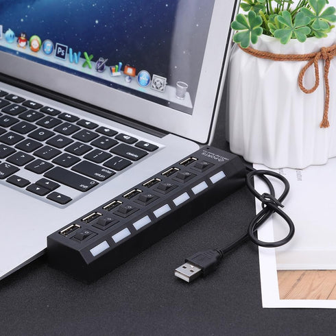 7-Port USB Hub, Black with ON/Off Switch