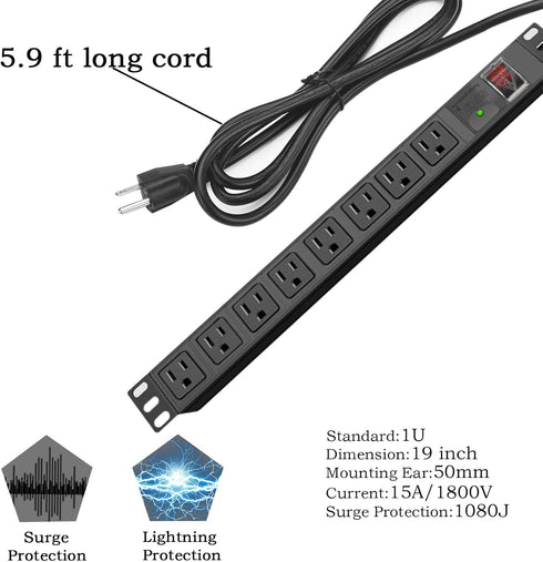 Surge Protector Power Strip 1U Rack Mount PDU, 8 Wide-Spaced Outlet Extender