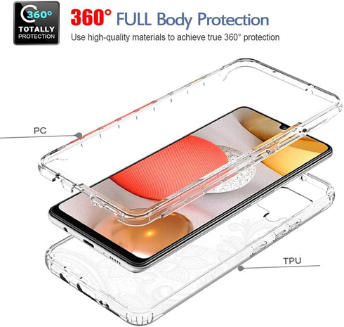 Galaxy A42 5G Phone Case, Tempered-Glass Screen Protector, Cute Clear Mandala Pattern Full Body Cover