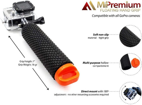Waterproof Floating Hand Grip for GoPro Hero 12, 11, 10, 9, 8, 7, 6, 5, 4, 3, 3+, 2, 1 Session, Black Silver Camera