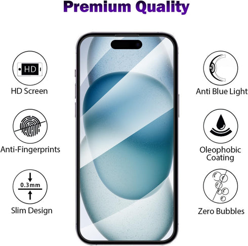 ZUSLAB Tempered Glass Screen Protector for iPhone 15 Plus 6.7" (2023) - Anti Blue Light, 9H HD, Full Coverage, 2 Pack.